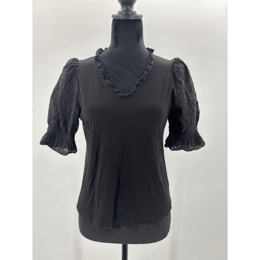 DESIGN HISTORY Black Textured Puff Sleeve Ruffle V Neck‎ Top Women's XS